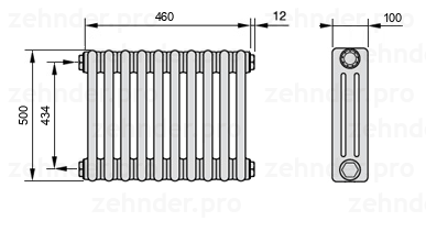 Схема (чертеж) Радиатор Zehnder Charleston 3050/10 №1270 Белый глянцевый RAL 9016